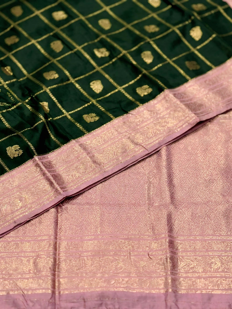 Bottle Green & Lavender Jacquard Woven Saree with Gold Zari Checks, Butti Motifs & Rich Pallu