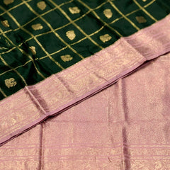 Bottle Green & Lavender Jacquard Woven Saree with Gold Zari Checks, Butti Motifs & Rich Pallu