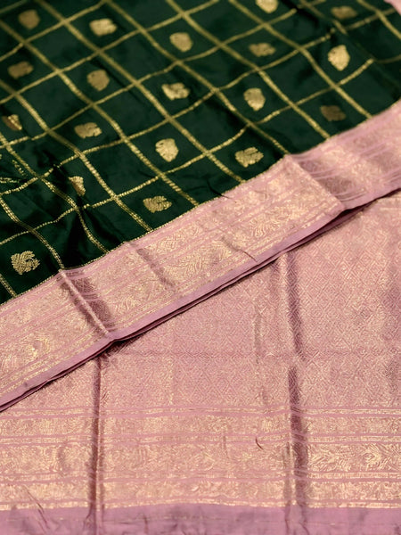 Bottle Green & Lavender Jacquard Woven Saree with Gold Zari Checks, Butti Motifs & Rich Pallu