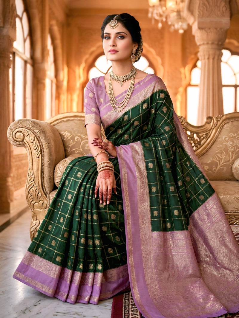 Bottle Green & Lavender Jacquard Woven Saree with Gold Zari Checks, Butti Motifs & Rich Pallu