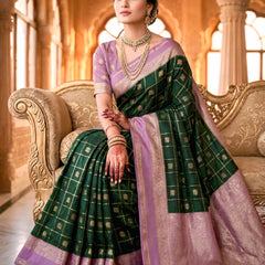 Bottle Green & Lavender Jacquard Woven Saree with Gold Zari Checks, Butti Motifs & Rich Pallu