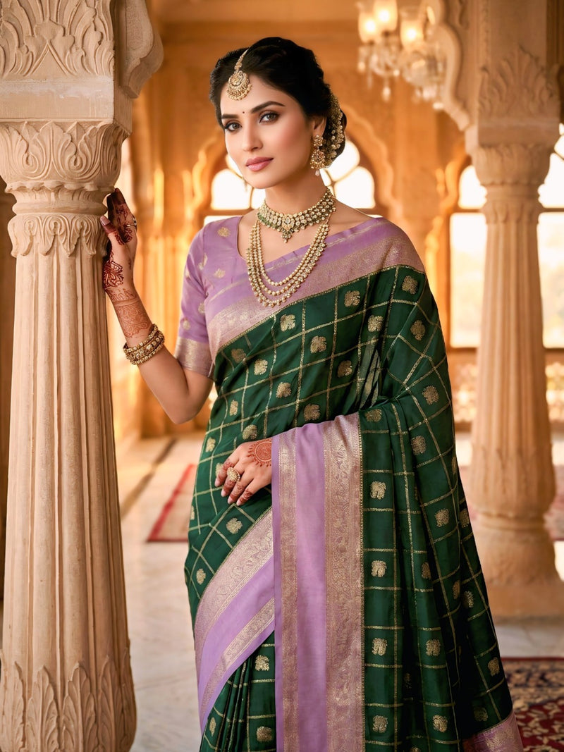 Bottle Green & Lavender Jacquard Woven Saree with Gold Zari Checks, Butti Motifs & Rich Pallu