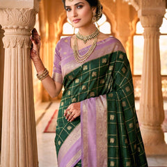 Bottle Green & Lavender Jacquard Woven Saree with Gold Zari Checks, Butti Motifs & Rich Pallu