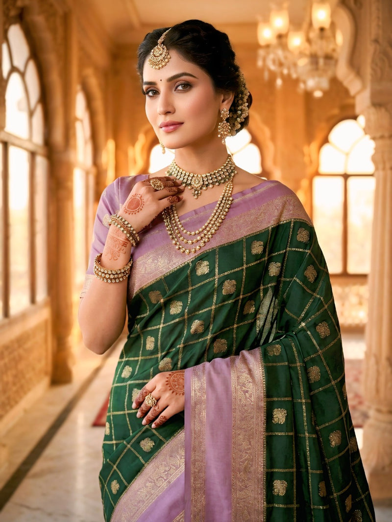 Bottle Green & Lavender Jacquard Woven Saree with Gold Zari Checks, Butti Motifs & Rich Pallu