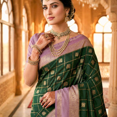 Bottle Green & Lavender Jacquard Woven Saree with Gold Zari Checks, Butti Motifs & Rich Pallu
