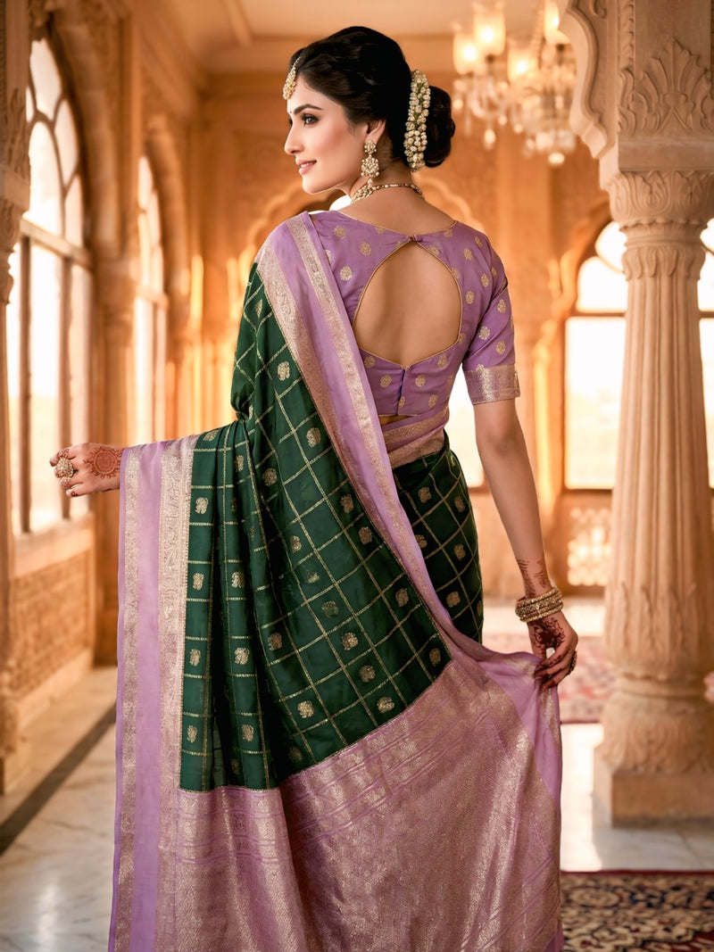 Bottle Green & Lavender Jacquard Woven Saree with Gold Zari Checks, Butti Motifs & Rich Pallu