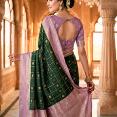 Bottle Green & Lavender Jacquard Woven Saree with Gold Zari Checks, Butti Motifs & Rich Pallu