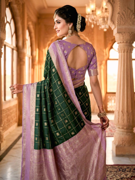 Bottle Green & Lavender Jacquard Woven Saree with Gold Zari Checks, Butti Motifs & Rich Pallu