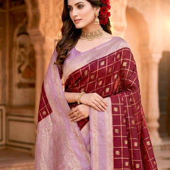 Women's Maroon & Lavender Jacquard Woven Saree with Gold Zari Checks, Butti Work & Rich Pallu
