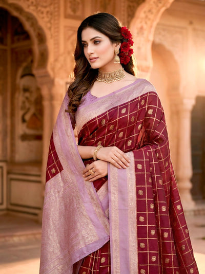 Women's Maroon & Lavender Jacquard Woven Saree with Gold Zari Checks, Butti Work & Rich Pallu