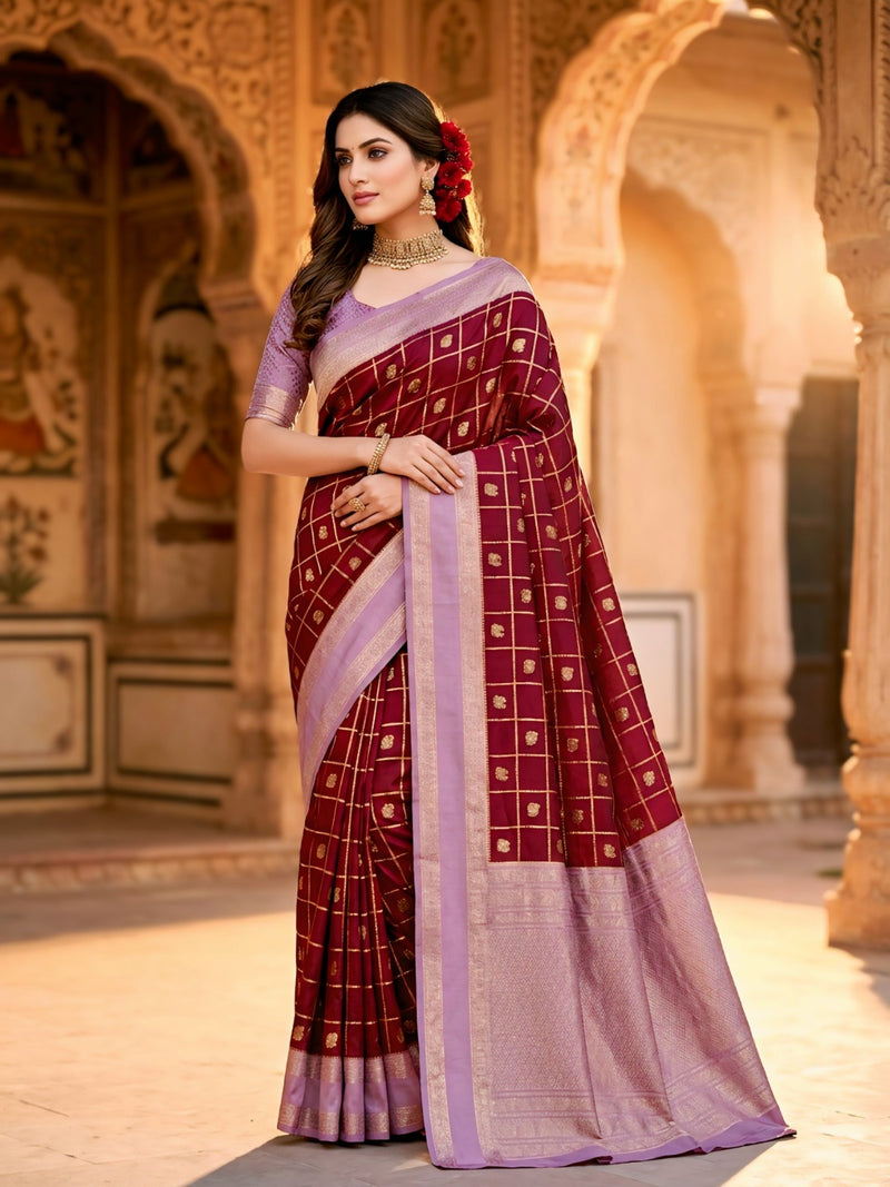 Women's Maroon & Lavender Jacquard Woven Saree with Gold Zari Checks, Butti Work & Rich Pallu