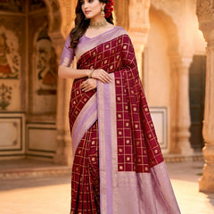 Women's Maroon & Lavender Jacquard Woven Saree with Gold Zari Checks, Butti Work & Rich Pallu