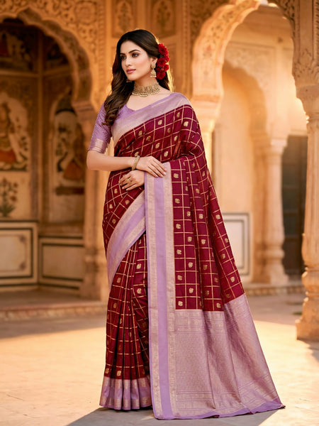 Women's Maroon & Lavender Jacquard Woven Saree with Gold Zari Checks, Butti Work & Rich Pallu