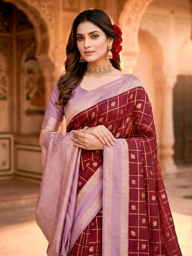 Women's Maroon & Lavender Jacquard Woven Saree with Gold Zari Checks, Butti Work & Rich Pallu