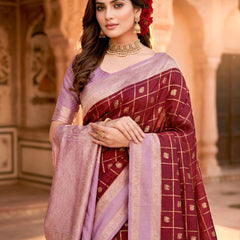 Women's Maroon & Lavender Jacquard Woven Saree with Gold Zari Checks, Butti Work & Rich Pallu