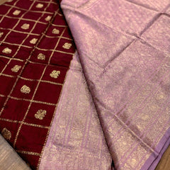 Women's Maroon & Lavender Jacquard Woven Saree with Gold Zari Checks, Butti Work & Rich Pallu