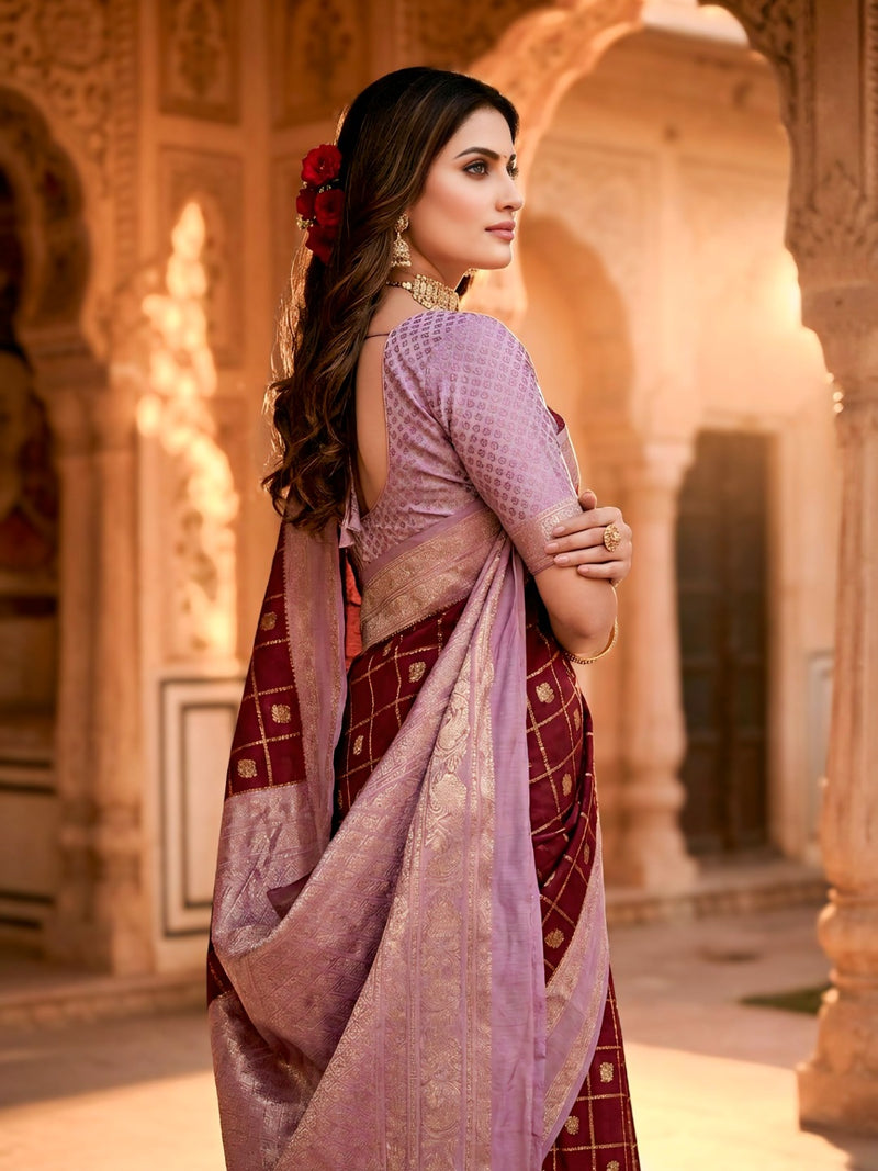 Women's Maroon & Lavender Jacquard Woven Saree with Gold Zari Checks, Butti Work & Rich Pallu