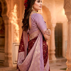 Women's Maroon & Lavender Jacquard Woven Saree with Gold Zari Checks, Butti Work & Rich Pallu