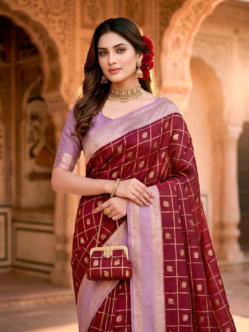 Women's Maroon & Lavender Jacquard Woven Saree with Gold Zari Checks, Butti Work & Rich Pallu