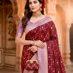 Women's Maroon & Lavender Jacquard Woven Saree with Gold Zari Checks, Butti Work & Rich Pallu