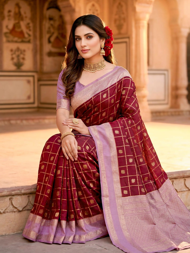 Women's Maroon & Lavender Jacquard Woven Saree with Gold Zari Checks, Butti Work & Rich Pallu