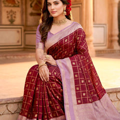 Women's Maroon & Lavender Jacquard Woven Saree with Gold Zari Checks, Butti Work & Rich Pallu