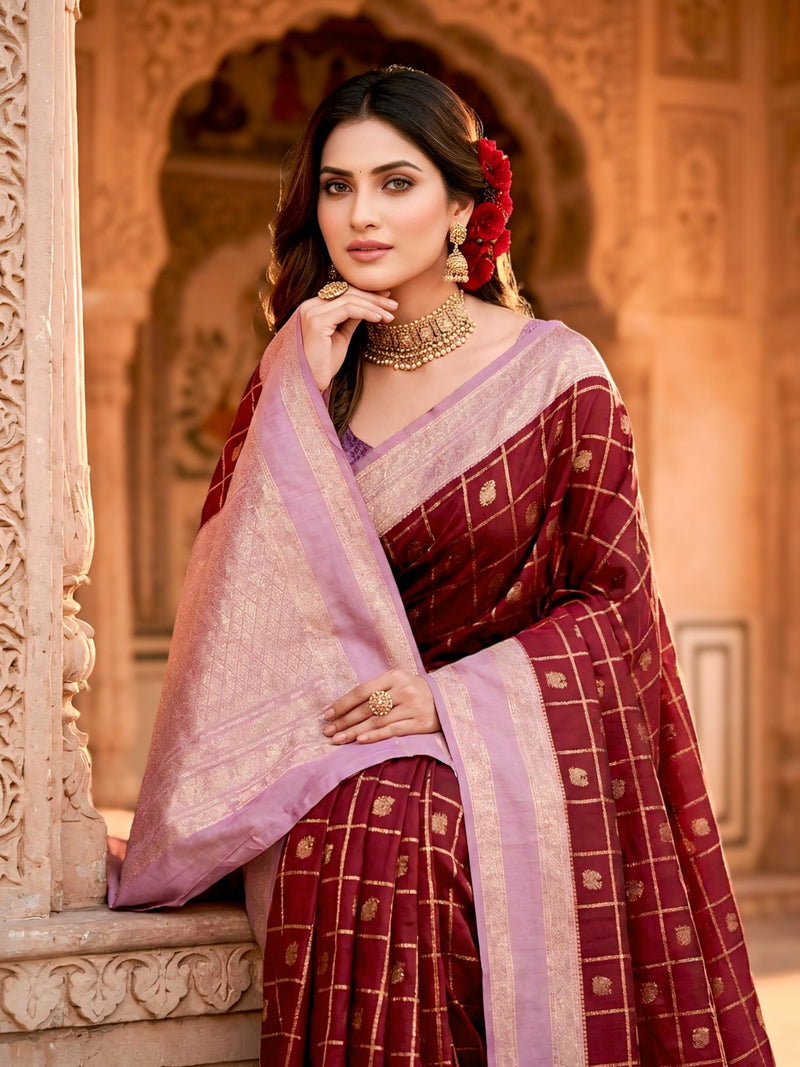 Women's Maroon & Lavender Jacquard Woven Saree with Gold Zari Checks, Butti Work & Rich Pallu