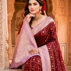 Women's Maroon & Lavender Jacquard Woven Saree with Gold Zari Checks, Butti Work & Rich Pallu