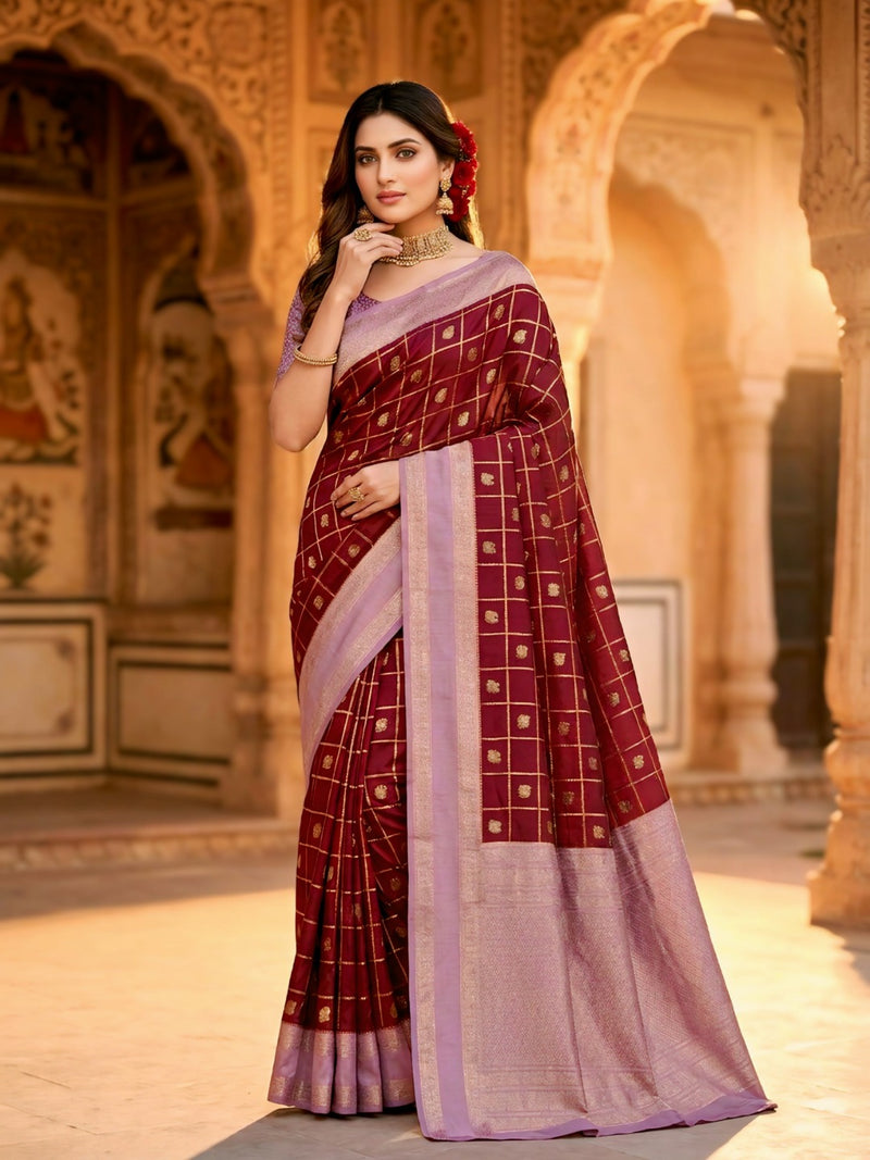 Women's Maroon & Lavender Jacquard Woven Saree with Gold Zari Checks, Butti Work & Rich Pallu