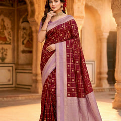 Women's Maroon & Lavender Jacquard Woven Saree with Gold Zari Checks, Butti Work & Rich Pallu