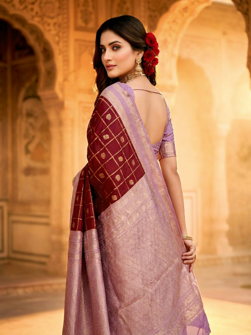Women's Maroon & Lavender Jacquard Woven Saree with Gold Zari Checks, Butti Work & Rich Pallu