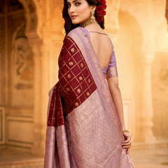 Women's Maroon & Lavender Jacquard Woven Saree with Gold Zari Checks, Butti Work & Rich Pallu