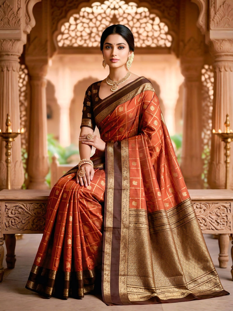 Women's Rust Orange & Brown Jacquard Woven Saree with Gold Zari Checks, Rich Border & Grand Pallu