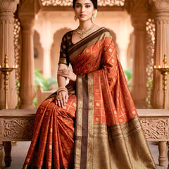 Women's Rust Orange & Brown Jacquard Woven Saree with Gold Zari Checks, Rich Border & Grand Pallu