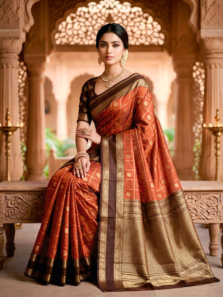 Women's Rust Orange & Brown Jacquard Woven Saree with Gold Zari Checks, Rich Border & Grand Pallu