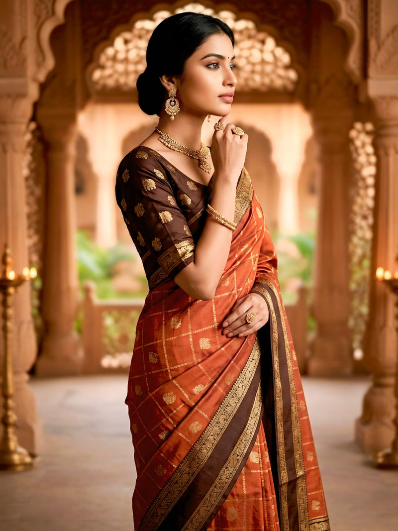 Women's Rust Orange & Brown Jacquard Woven Saree with Gold Zari Checks, Rich Border & Grand Pallu