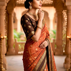 Women's Rust Orange & Brown Jacquard Woven Saree with Gold Zari Checks, Rich Border & Grand Pallu