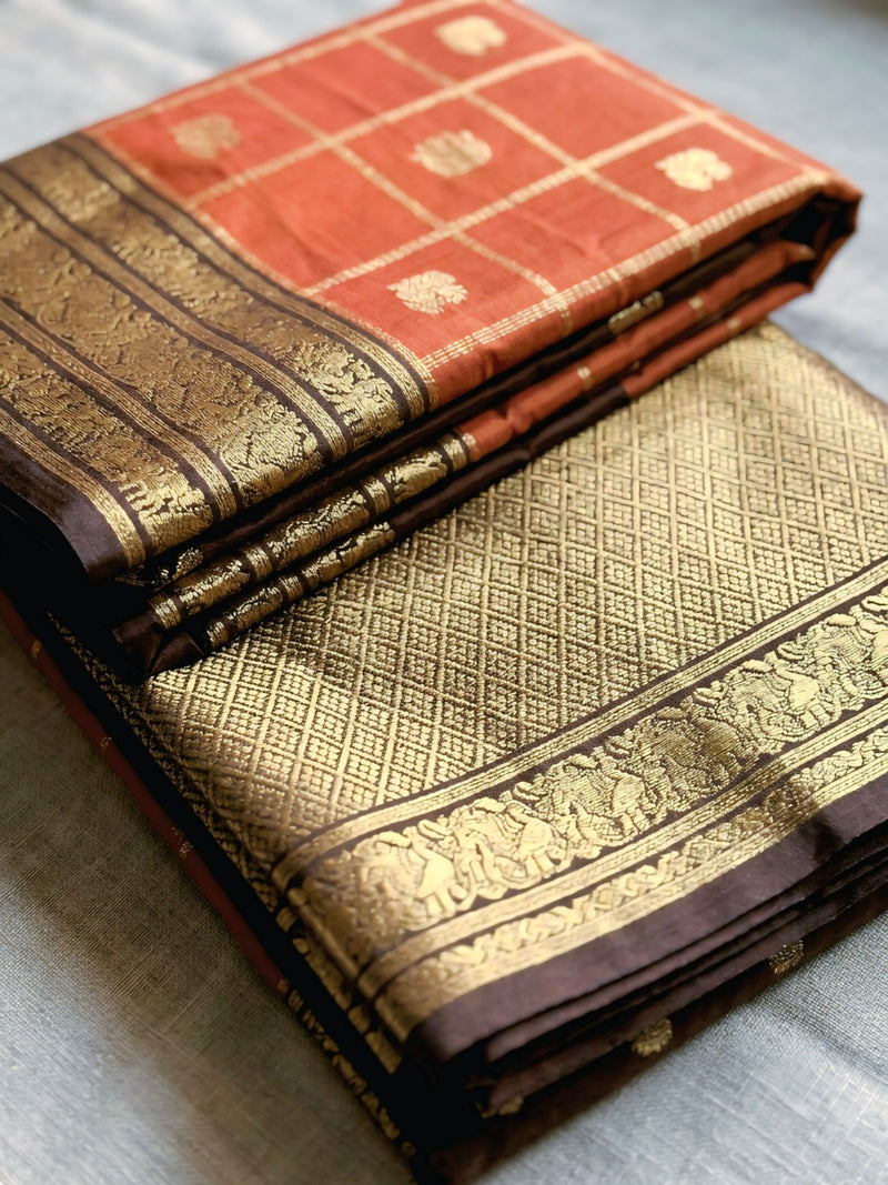 Women's Rust Orange & Brown Jacquard Woven Saree with Gold Zari Checks, Rich Border & Grand Pallu