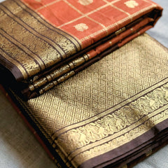 Women's Rust Orange & Brown Jacquard Woven Saree with Gold Zari Checks, Rich Border & Grand Pallu