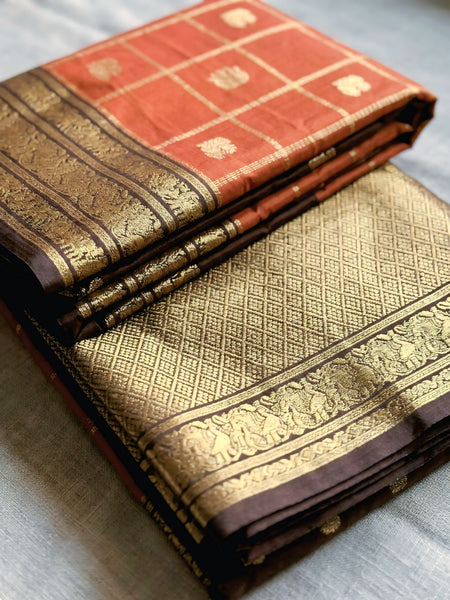 Women's Rust Orange & Brown Jacquard Woven Saree with Gold Zari Checks, Rich Border & Grand Pallu