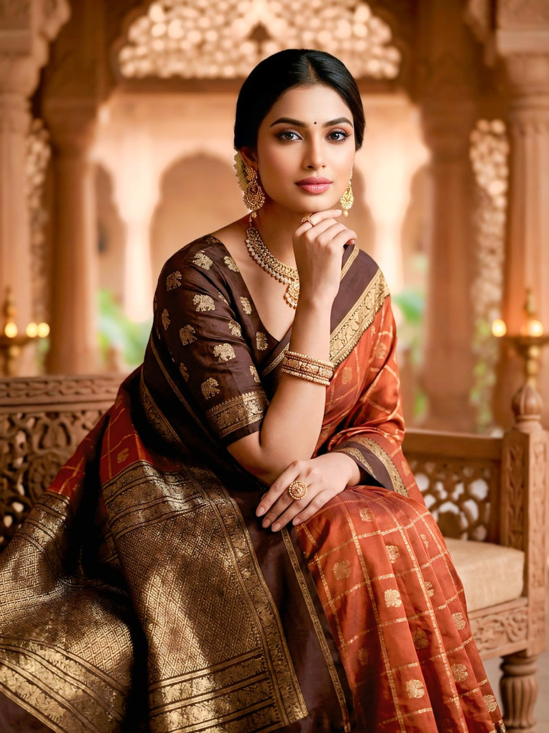 Women's Rust Orange & Brown Jacquard Woven Saree with Gold Zari Checks, Rich Border & Grand Pallu