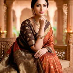 Women's Rust Orange & Brown Jacquard Woven Saree with Gold Zari Checks, Rich Border & Grand Pallu
