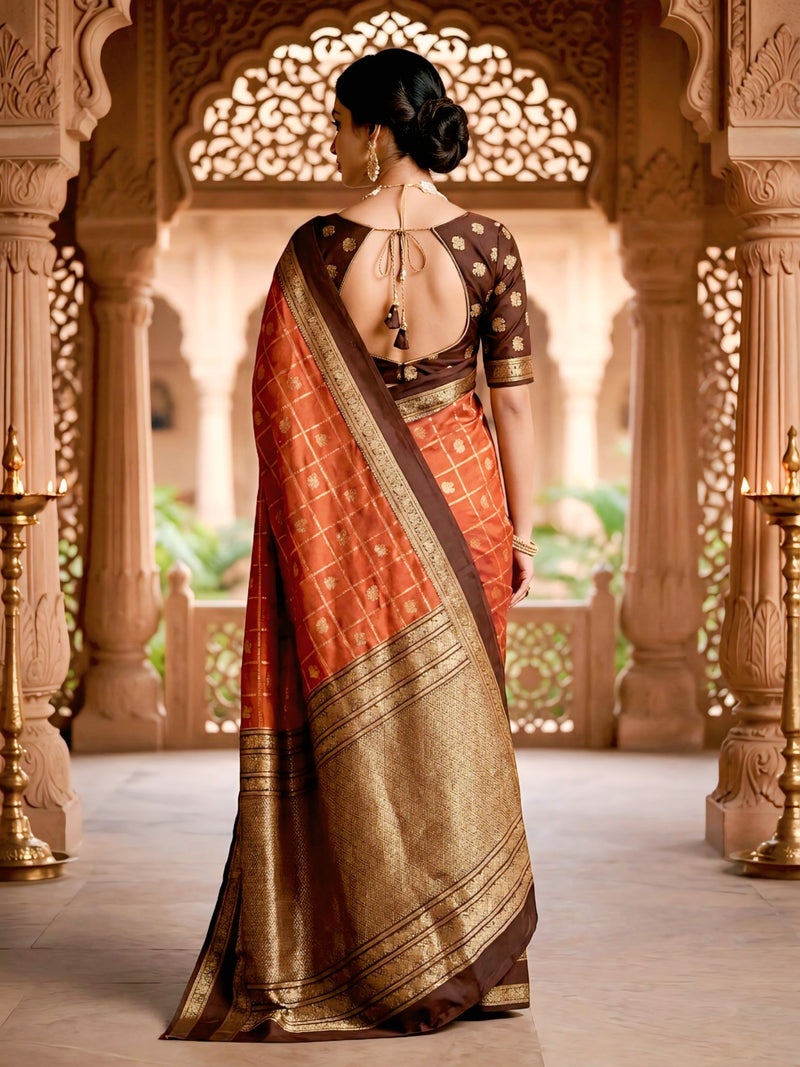 Women's Rust Orange & Brown Jacquard Woven Saree with Gold Zari Checks, Rich Border & Grand Pallu