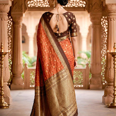 Women's Rust Orange & Brown Jacquard Woven Saree with Gold Zari Checks, Rich Border & Grand Pallu