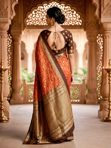 Women's Rust Orange & Brown Jacquard Woven Saree with Gold Zari Checks, Rich Border & Grand Pallu