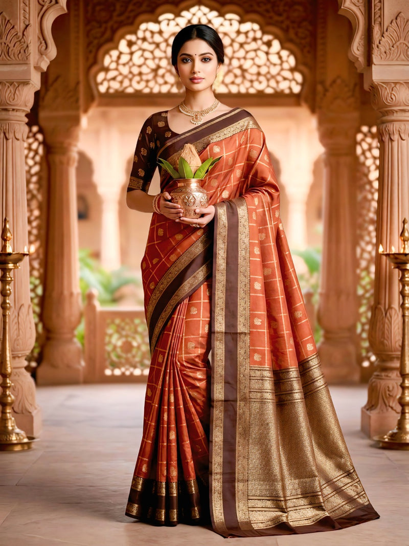 Women's Rust Orange & Brown Jacquard Woven Saree with Gold Zari Checks, Rich Border & Grand Pallu