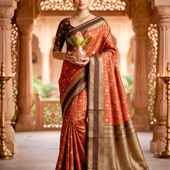 Women's Rust Orange & Brown Jacquard Woven Saree with Gold Zari Checks, Rich Border & Grand Pallu
