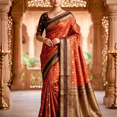 Women's Rust Orange & Brown Jacquard Woven Saree with Gold Zari Checks, Rich Border & Grand Pallu