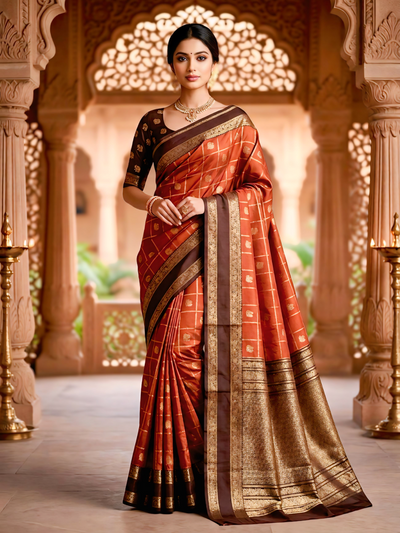 Women's Rust Orange & Brown Jacquard Woven Saree with Gold Zari Checks, Rich Border & Grand Pallu