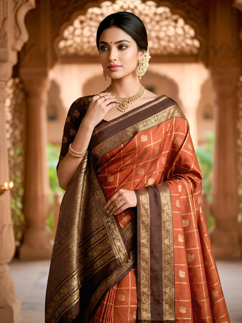 Women's Rust Orange & Brown Jacquard Woven Saree with Gold Zari Checks, Rich Border & Grand Pallu